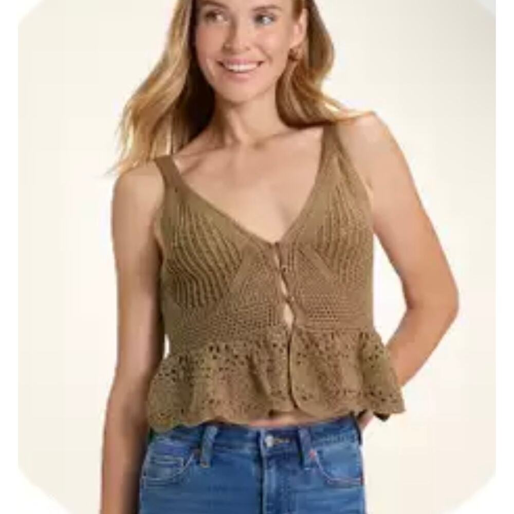 Universal Thread Size Small Boho Crochet Knit Cami Top Brown Cotton Blend